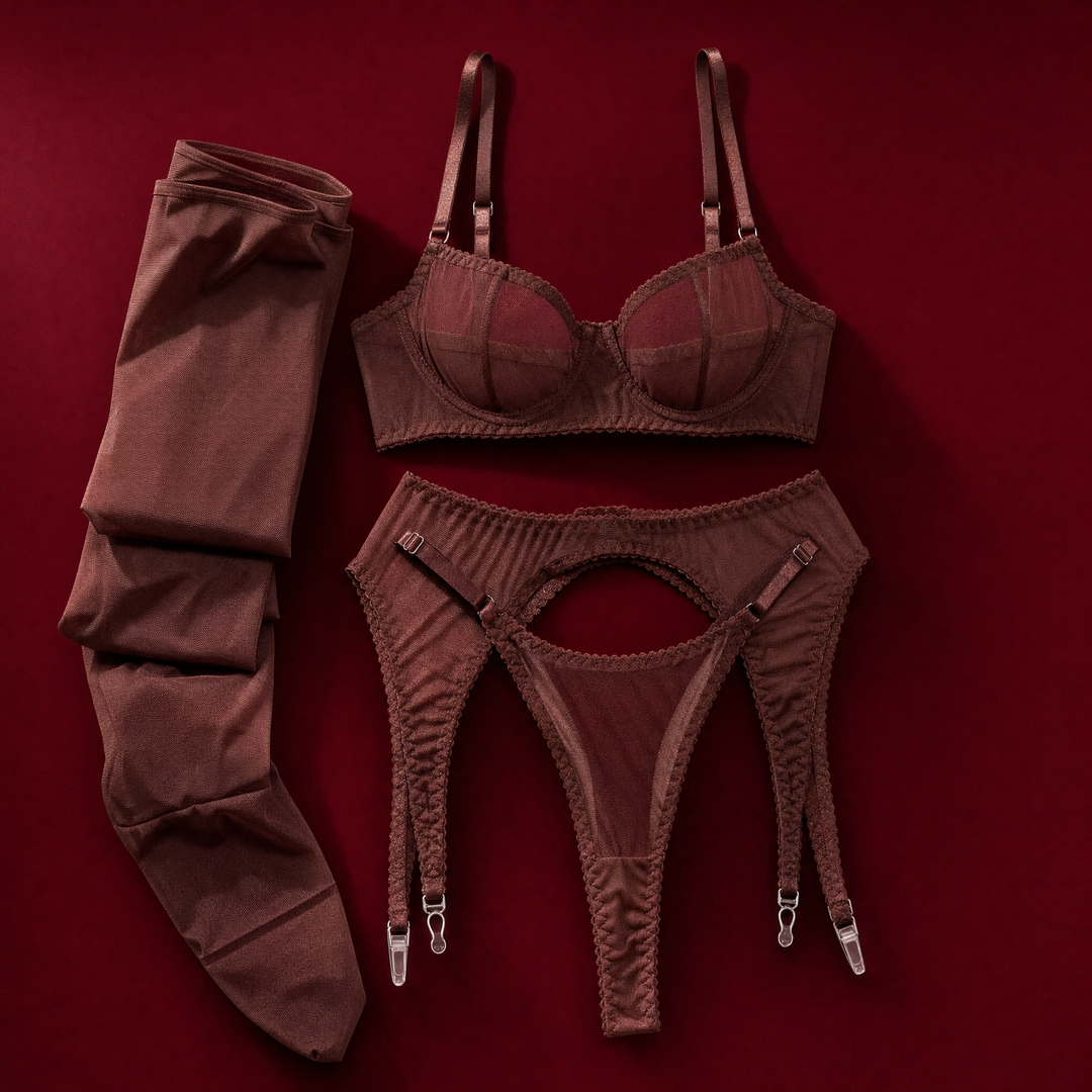 Mesh garter set on a burgundy studio backdrop