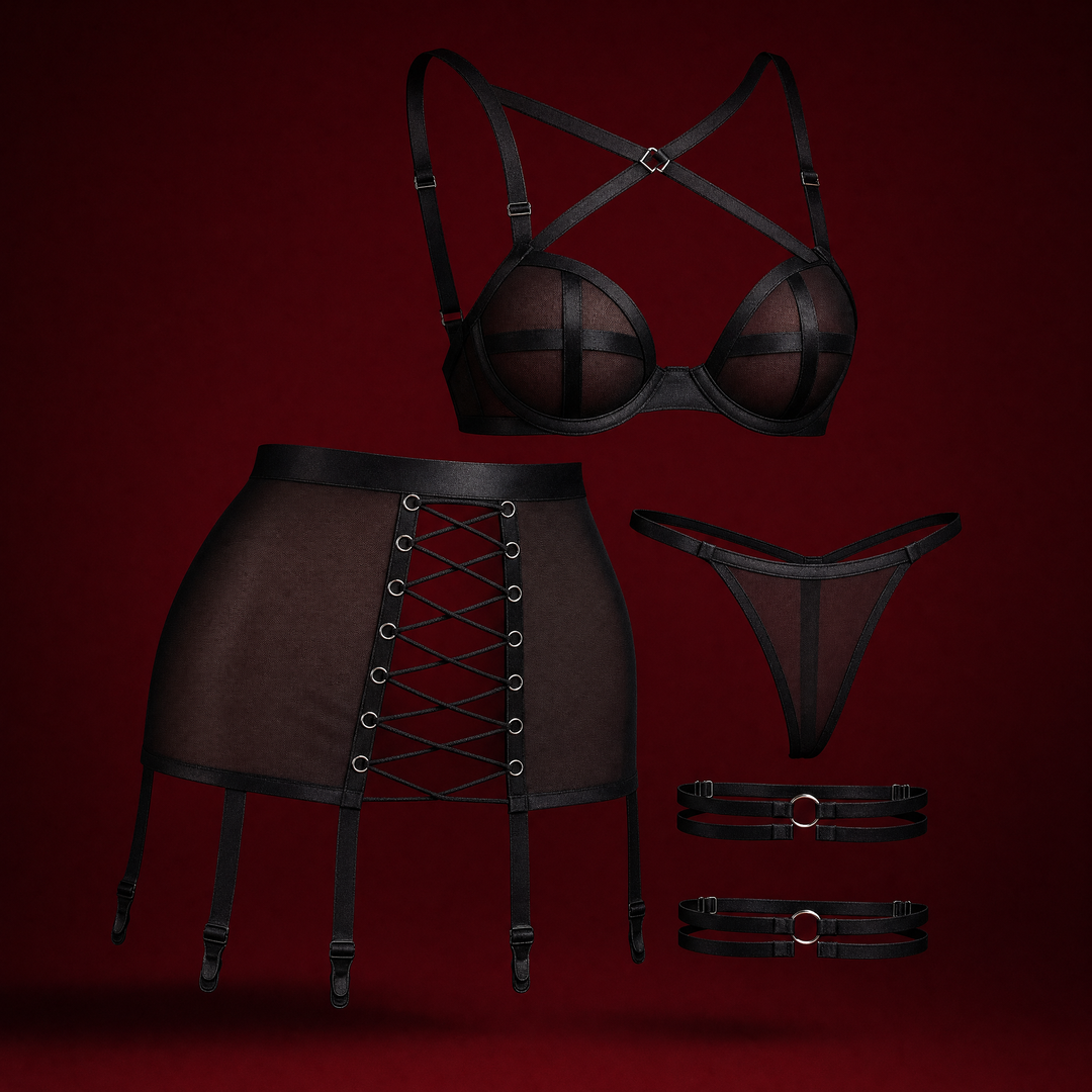 Mesh garter skirt set on a burgundy studio backdrop