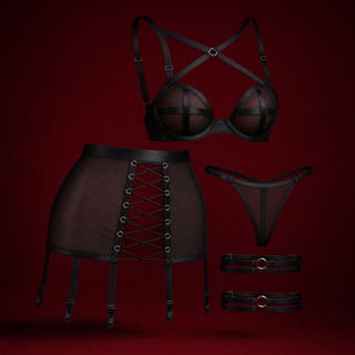 Mesh garter skirt set on a burgundy studio backdrop