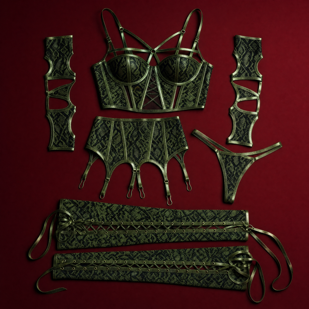 Josephine snake print bustier, garter brief, thong, sleeves and stockings