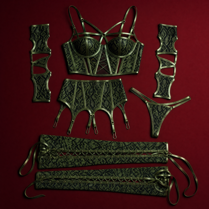 Josephine snake print bustier, garter brief, thong, sleeves and stockings