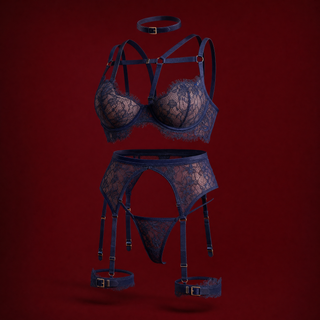 Katia navy eyelash lace harness bra, choker, garter belt, thong and thigh bands