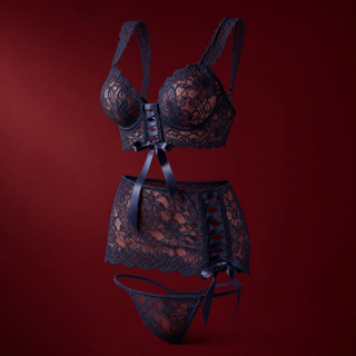 Lark floral lace bra, ribbon lace-up mini skirt and matching thong