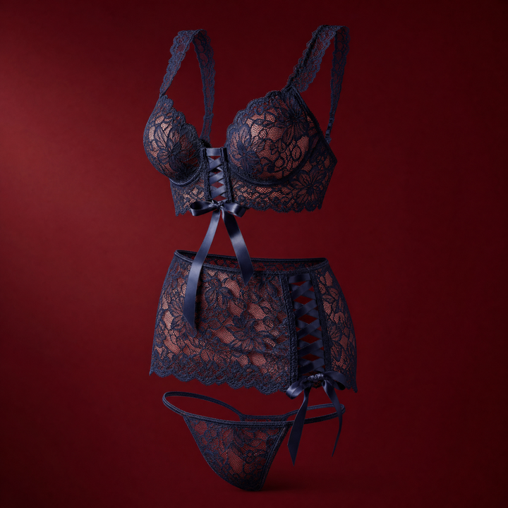 Lark floral lace bra, ribbon lace-up mini skirt and matching thong