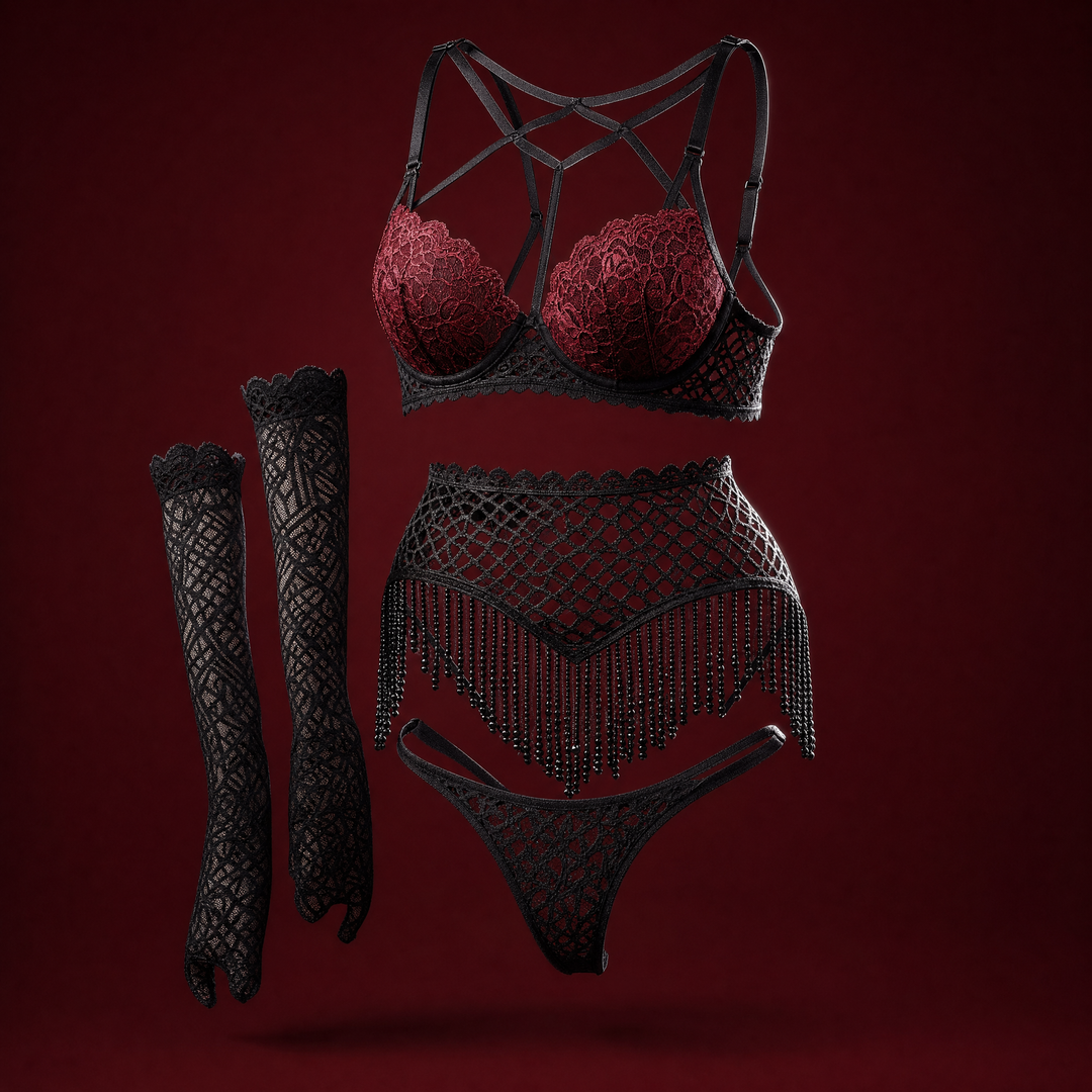 Lavinia black and wine red crochet lace set with tassel fringe skirt