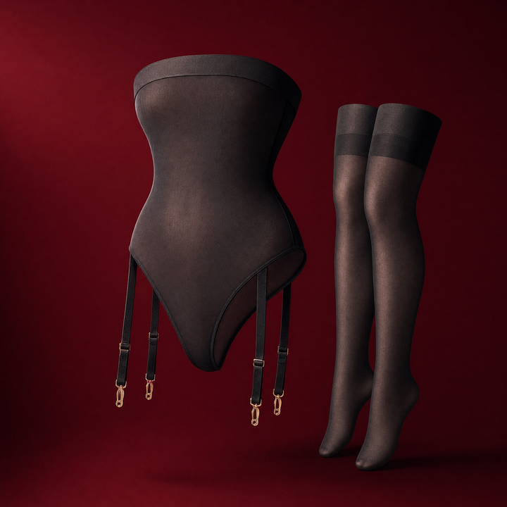 Mathilde strapless sheer mesh garter bodysuit with stockings