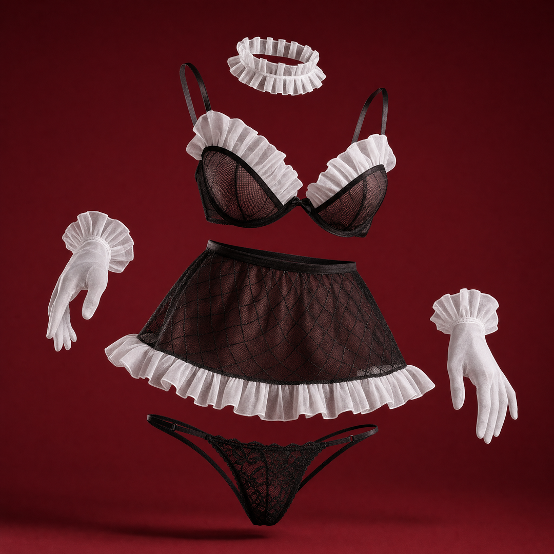Ottilie black and white maid costume set on a burgundy studio background