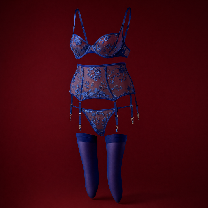 Paloma embroidered sheer bra, garter belt, thong and stockings in royal blue