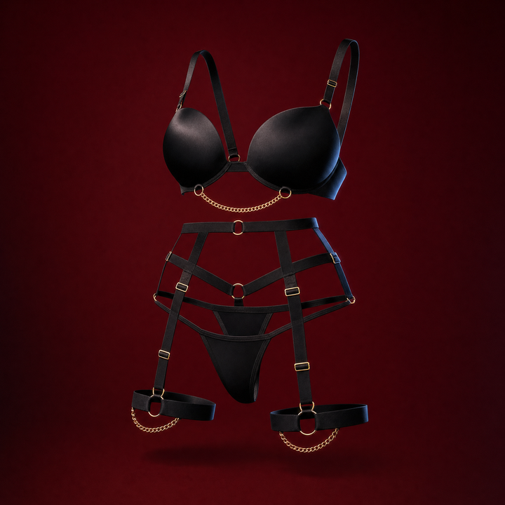 Rafaela black strappy lingerie set with gold rings and a draped gold chain, bra, garter belt, thong and thigh bands, on a deep burgundy background