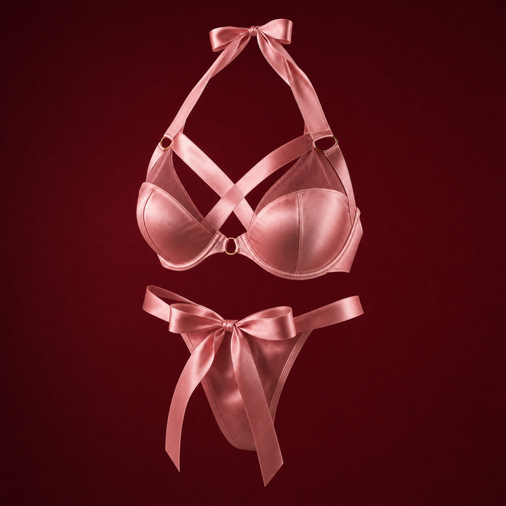 Roux pink satin ribbon halter bra and bow thong on a deep burgundy studio background