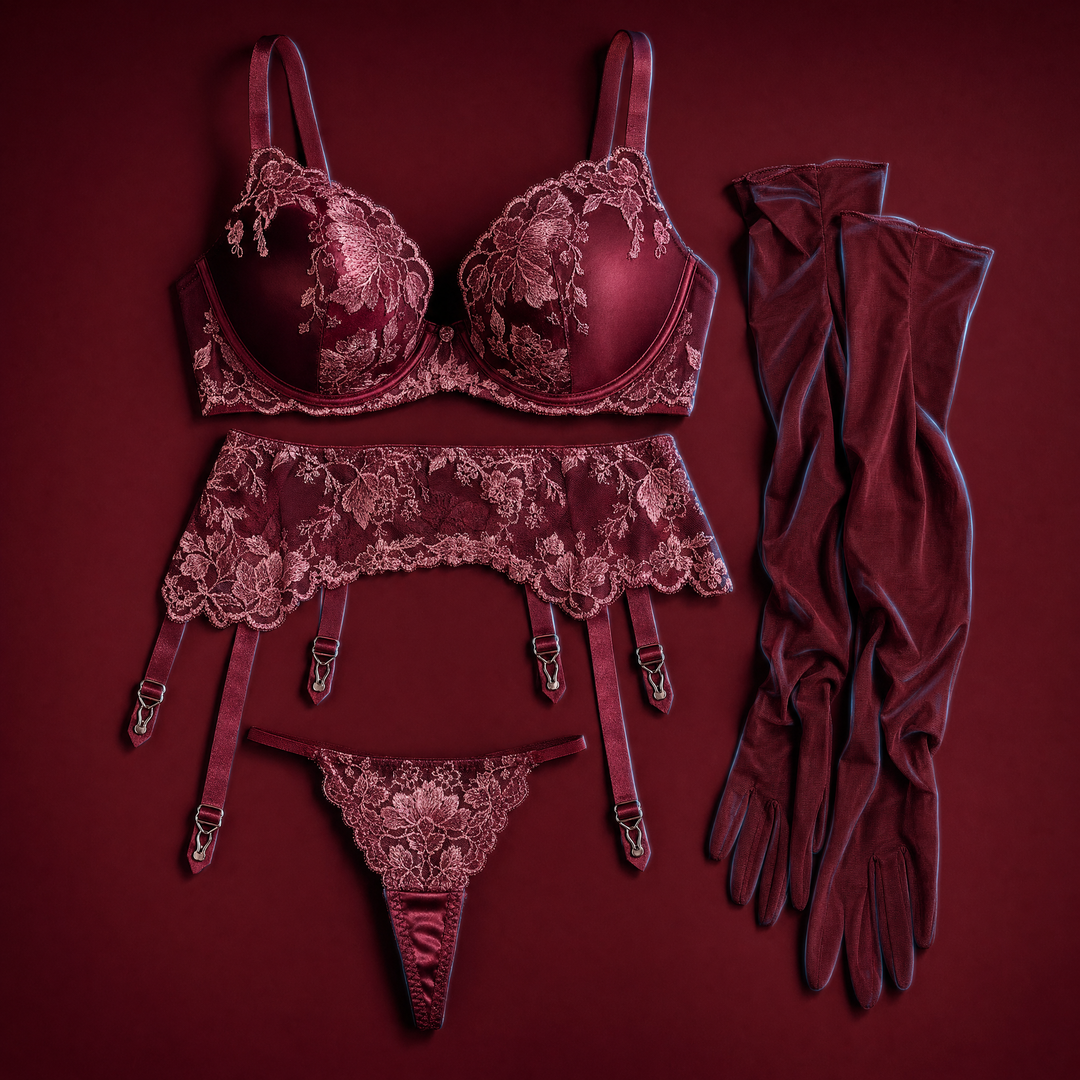 Saskia burgundy embroidered lace bra, garter belt, thong and long sheer gloves