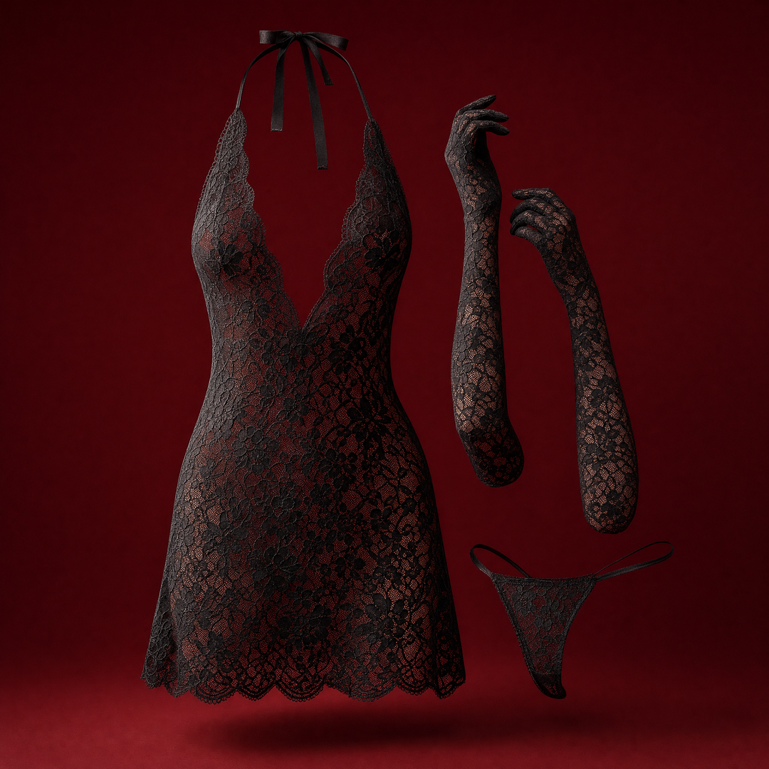 Tamsin black lace chemise with gloves and thong on a burgundy studio background