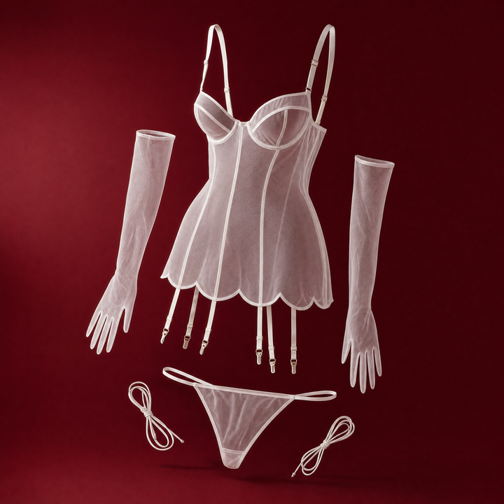 Vera sheer white mesh chemise, thong, opera gloves and leg laces on a burgundy background
