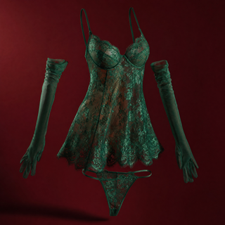 Verity sheer floral lace chemise with matching thong and long sheer gloves