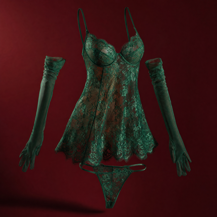 Verity sheer floral lace chemise with matching thong and long sheer gloves