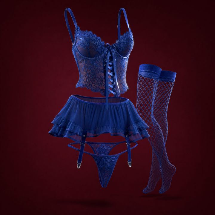 Wren cobalt blue lace set with ruffled garter skirt and fishnets