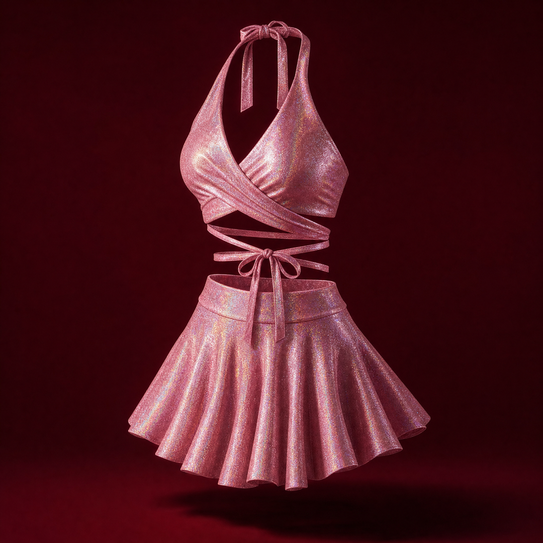 Xenia iridescent pink halter crop top and flared mini skirt set, on a deep burgundy background