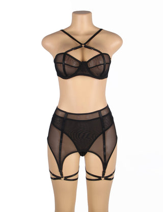 YX868 full set on a mannequin: mesh bra, high-waisted garter skirt and thong